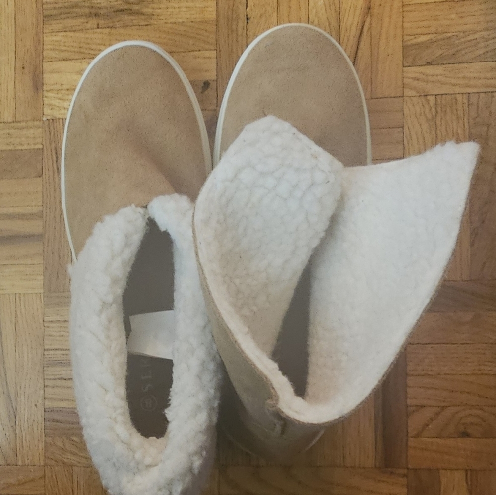 Serra Tan Suede Ankle Booties with Cream Sherpa Lining